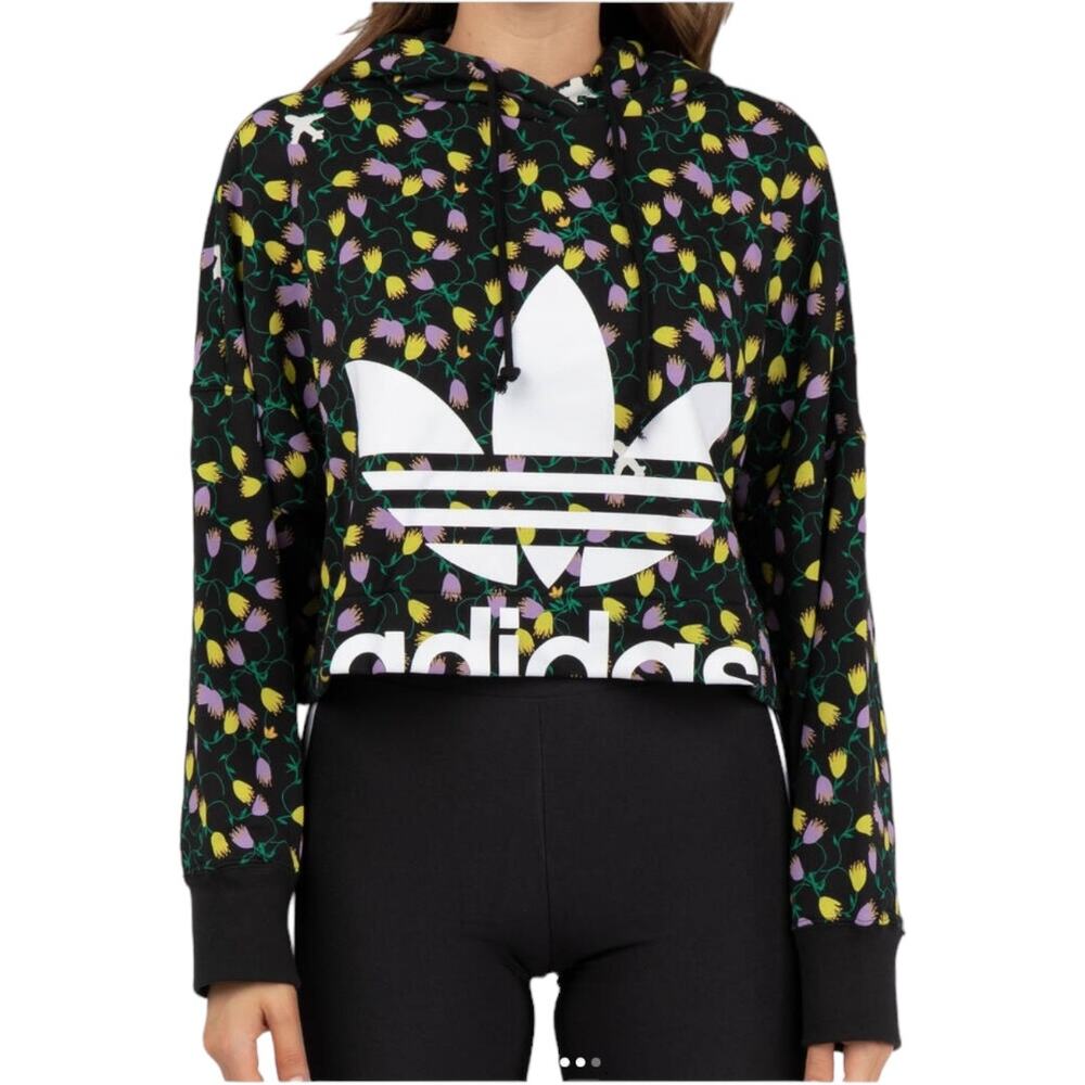 EUC ADIDAS Originals Cropped Hoodie Allover Print Drawcord Loose Fit Size Small - Picture 3 of 8